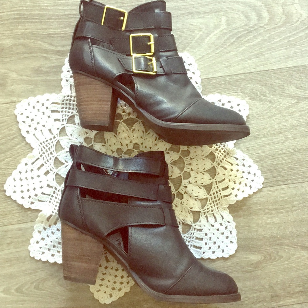 buckle chunky black vegan leather ankle booties